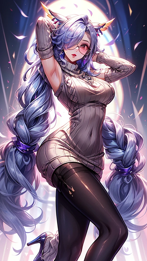 illustration, masterpiece, best quality, extremely detailed, big , slim body, slim waist, seductive face, ((hiar over one eye)), lipstick, ligh makeup, high_heels, (((sweaterdress))), ((pantyhose)), (very_long_hair), glasses,bronya zaychik (silverwing: n-ex),