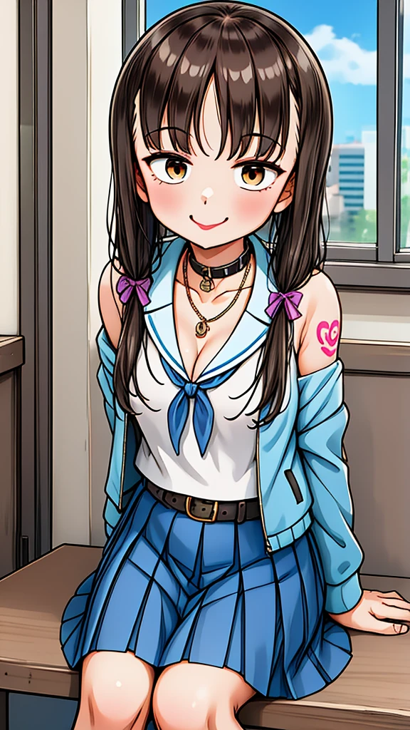 One girl, classroom, Cowboy Shot, Sitting, smile, 
yuzuki_maple, Brown eyes, Brown Hair, Long Hair, , Seraphim, White shirt, Blue Skirt, Pleated skirt, Highest quality, masterpiece, High resolution, （Black knee-length socks:1.4）Micro mini skirt twin tails, Hair Ribbon, collar, Chain Necklaces, Expose your shoulders, Cleavage, Off the shoulder, Pink jacket, Open jacket, abdomen, belt, Black Skirt, alley, inquiry, Talk to your audience、 Are standing with mouth closed、View your viewers,, tattoo, High heels, but, belly button, smile, Purple Lipstick、saliva, black micro mini skirt、 tattoo、（濃いPurple Lipstick、Purple lips）Leather long boots、Highlight the face、