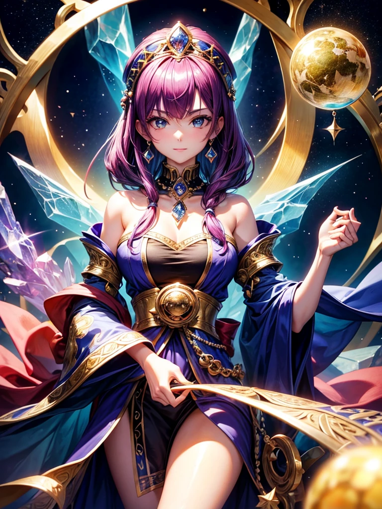 Highest quality,Highest Resolution,４K quality,A female fortune teller holds her hand over a crystal ball on which the Earth is projected,up,