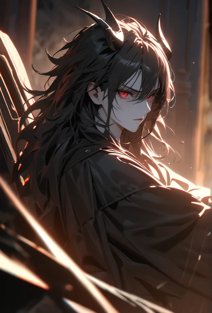 (solo), masculine, black hair, messy hair, mane hair, long hair, dense hair, wild hair, expressive hair, mature,(25 year old), pale skin, red eyes, ((man)), wearing a black robe, black demon horns,, serious, handsome, attractive, eye reflection, depth of field, thunder aura,cinematic lighting, ray tracing, depth of field, cinematic lighting, ray tracing, UHD, high details, best quality, highres, high quality, award winning, super detail, masterpiece, 8k, UHD, high details, best quality, highres, high quality, award winning, super detail, masterpiece, 8k, digital art, anime coloring, full body, body shot, good face, perfect face, detailed face, good eyes, sitting on a throne