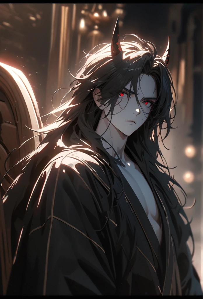 (solo), masculine, black hair, messy hair, mane hair, long hair, dense hair, wild hair, expressive hair, mature,(25 year old), pale skin, red eyes, ((man)), wearing a black robe, black demon horns,, serious, handsome, attractive, eye reflection, depth of field, thunder aura,cinematic lighting, ray tracing, depth of field, cinematic lighting, ray tracing, UHD, high details, best quality, highres, high quality, award winning, super detail, masterpiece, 8k, UHD, high details, best quality, highres, high quality, award winning, super detail, masterpiece, 8k, digital art, anime coloring, full body, body shot, good face, perfect face, detailed face, good eyes, sitting on a throne