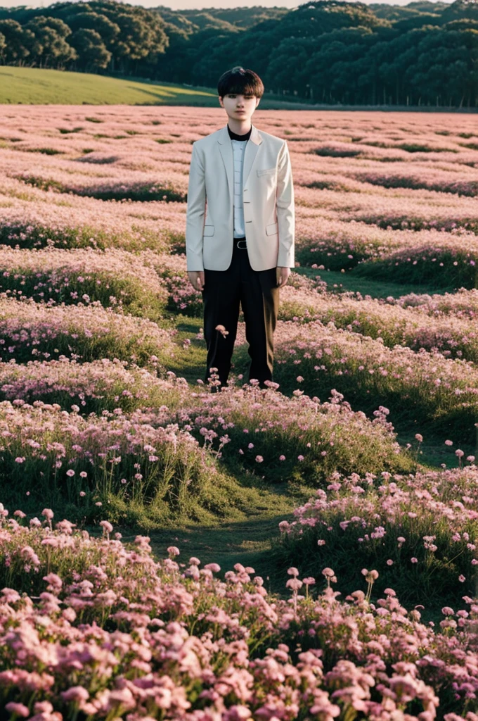 Yoongi in a field of flowers at dawn