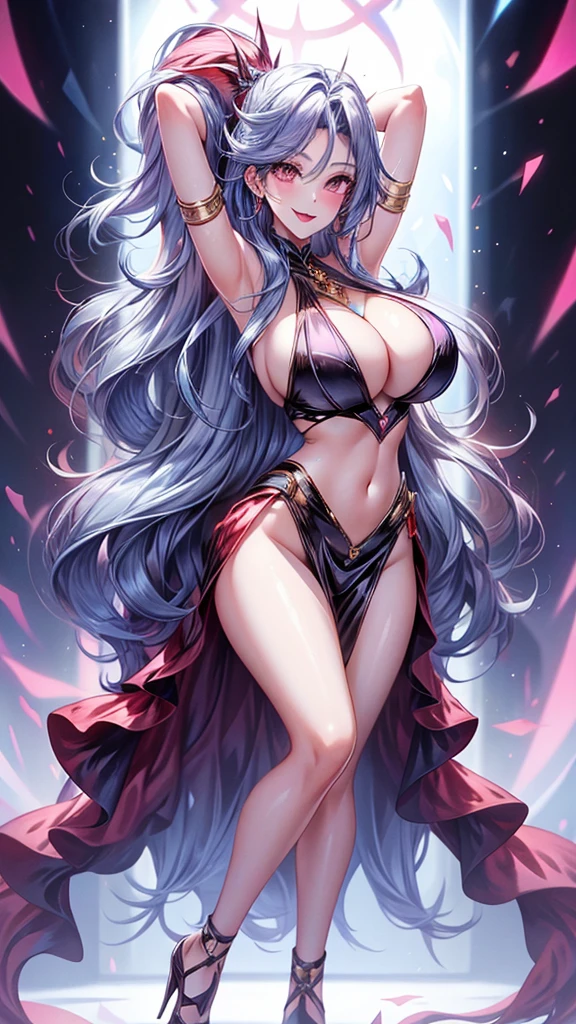 A sexy lady has big breasts her very long hair is shiny and her glossy lips are red she can capture everyone with her smile and her seductive body the shoot showing her full body