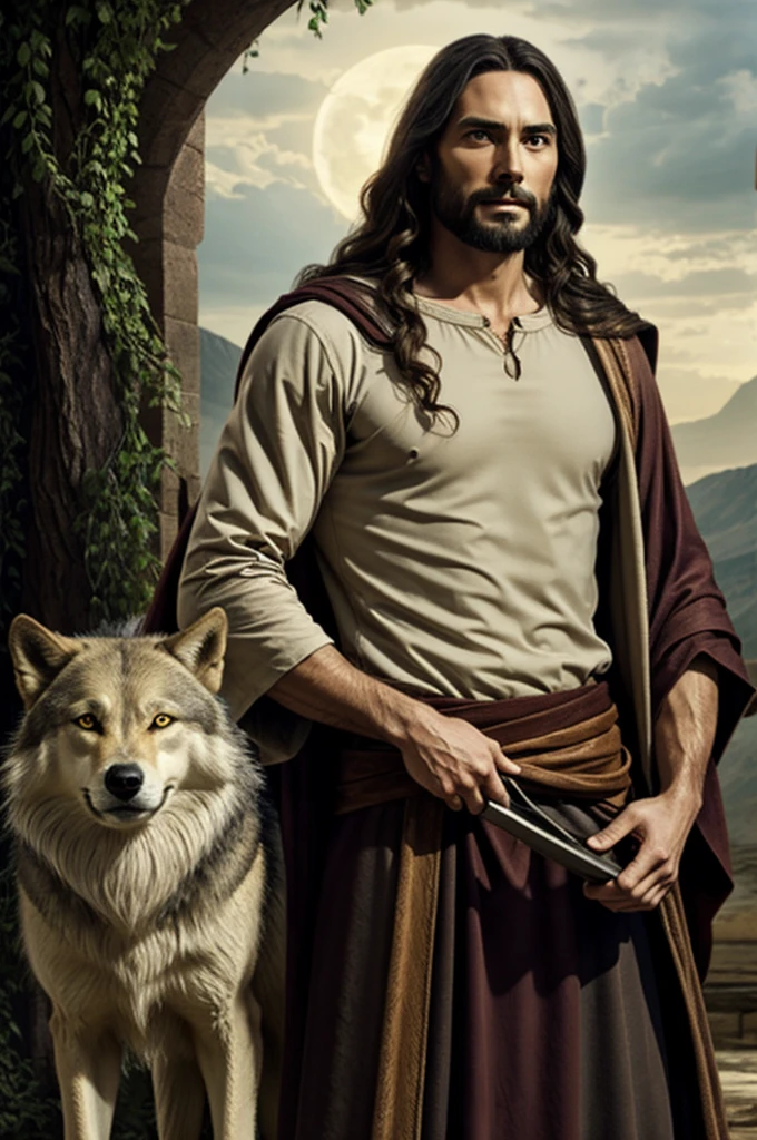 Jesus holding a good and bad wolf