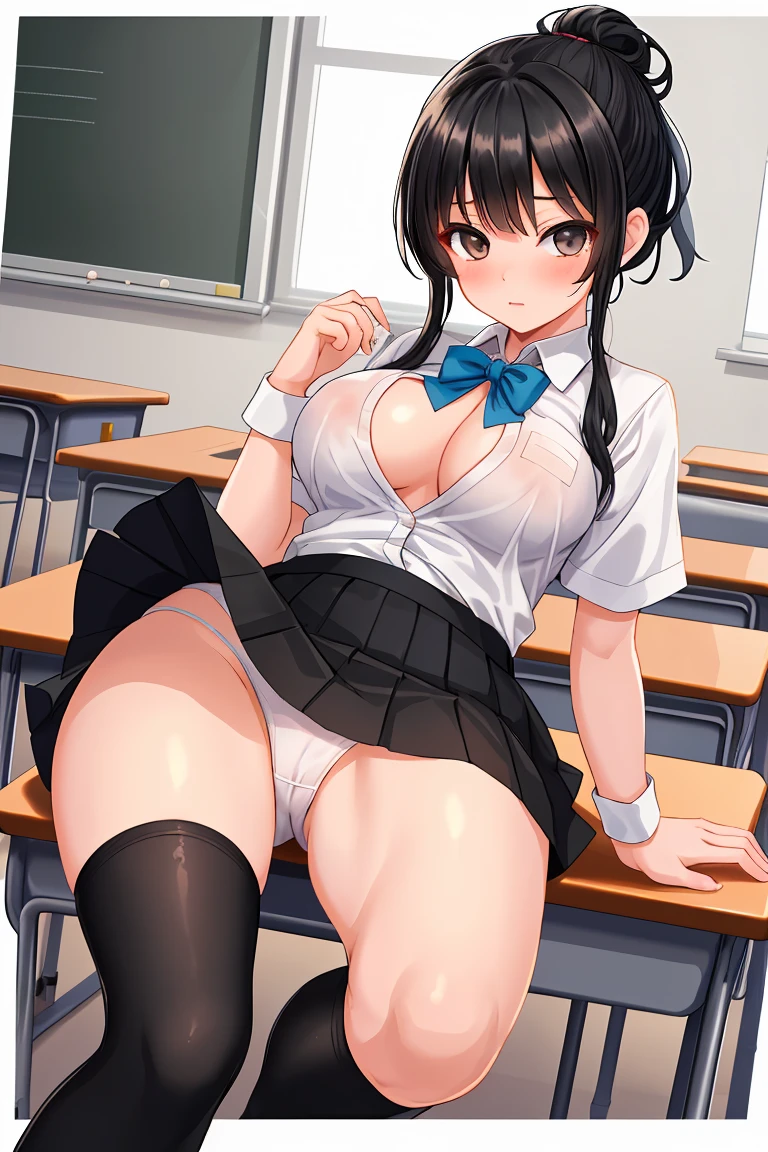 Beautiful  sister　classroom　Black Hair　clear　Beautiful breasts　Black Mini Skirt　Black knee-high socks　White panties　Hair tied up