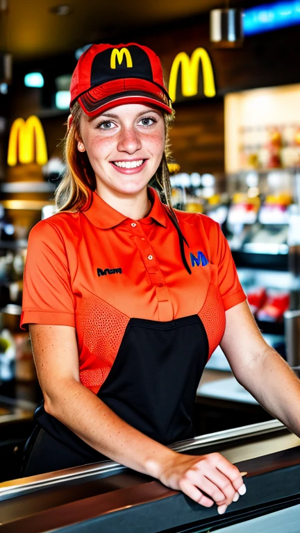 She is standing behind the counter of McDonald’s, realistic, blonde hair, makeup, , shy, Surrealism, high detail, depth of field, cinematic lighting, reflection light, glowing light, UHD, retina, masterpiece, ccurate, textured skin, super detail, high quality, high details, best quality, award winning, highres. A photo of sexy Scandinavian18 year old model standing behind counter of a fast food restaurant, wearing a uniform. looking at the viewer. sexy cleavage, huge sexy breasts, low neckline, big ,kneeling down,(seductive smile), freckled cleavage, detailed skin, (((freckles))), extremely revealing, McDonald’s uniform