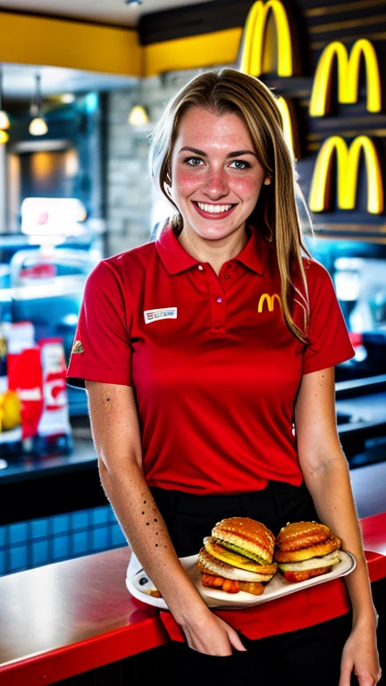 She is standing behind the counter of McDonald’s, realistic, blonde hair, makeup, , shy, Surrealism, high detail, depth of field, cinematic lighting, reflection light, glowing light, UHD, retina, masterpiece, ccurate, textured skin, super detail, high quality, high details, best quality, award winning, highres. A photo of sexy Scandinavian18 year old model standing behind counter of a fast food restaurant, wearing a uniform. looking at the viewer. sexy cleavage, huge sexy breasts, low neckline, big ,kneeling down,(seductive smile), freckled cleavage, detailed skin, (((freckles))), extremely revealing, McDonald’s uniform