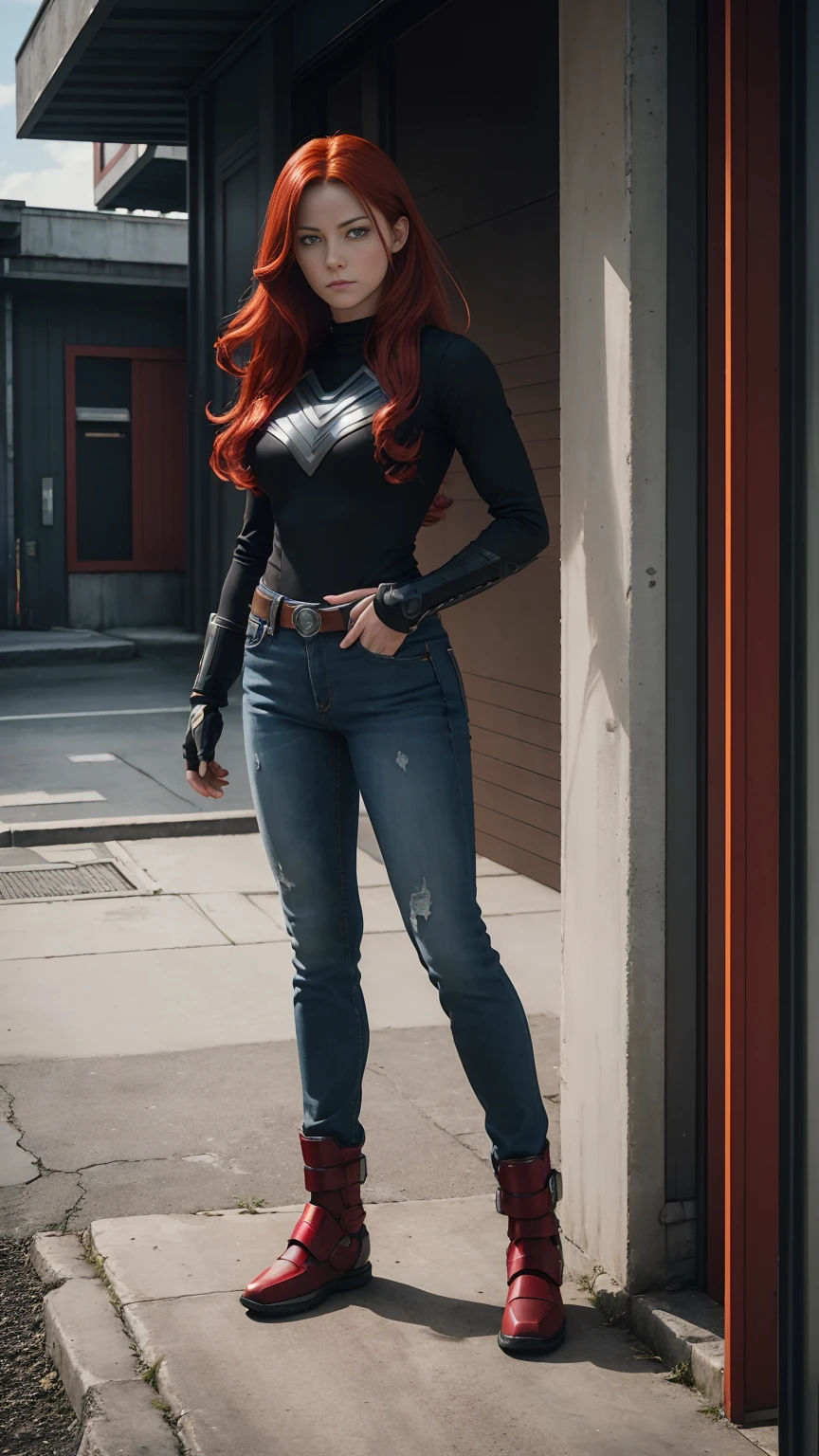 ((full body shot, standing, feet on the ground)) [best quality, ultra-detailed, realistic, photorealistic: 1.37], jean gray x men 97, red-haired warrior with yellow eyes, standing, full-body shot, feet on the ground, wearing black and white x men 97 jeans armor.
