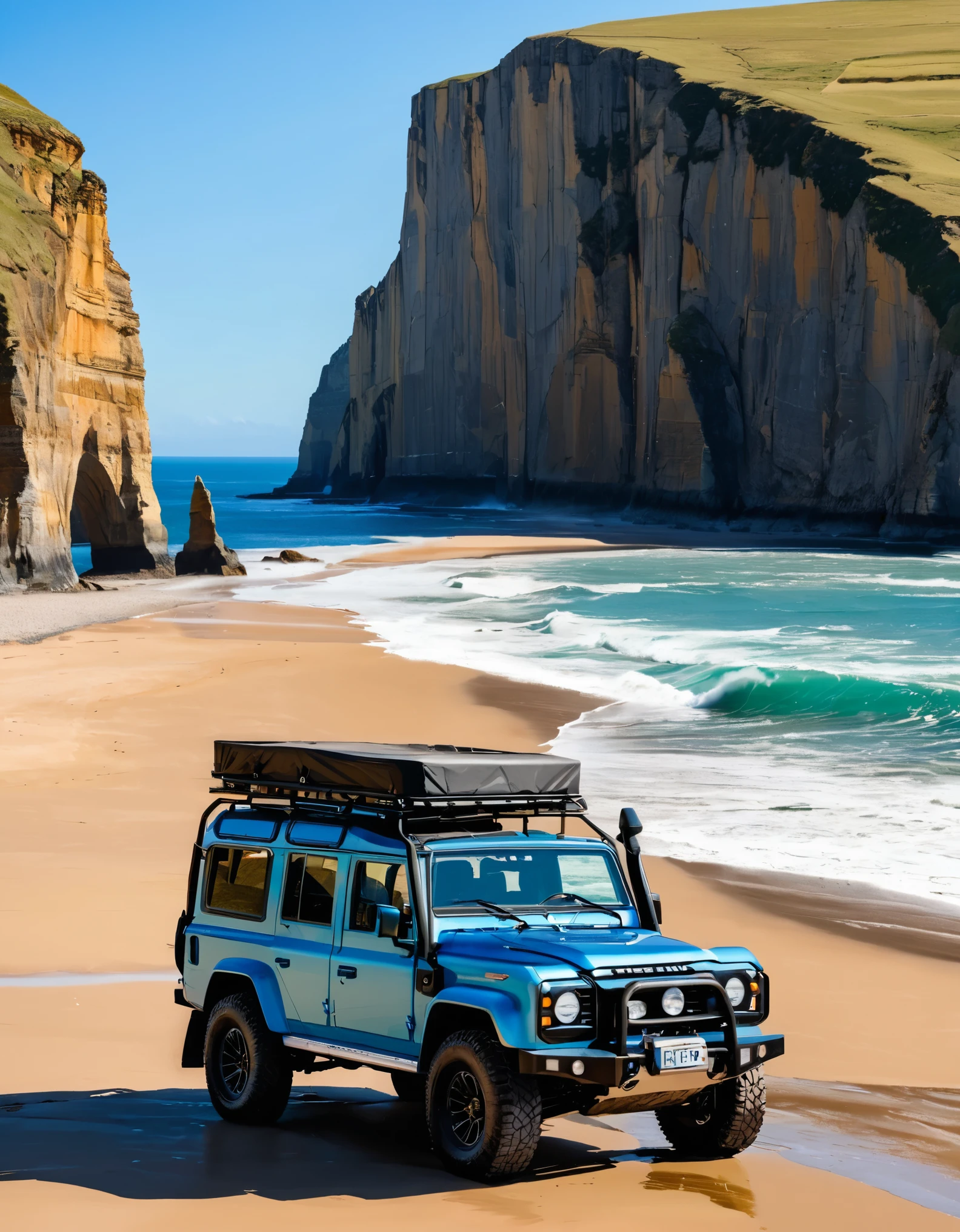 An off-road vehicle with its doors open, parked on a rugged beach with cliffs and waves in the background. The scene captures a sense of adventure and exploration