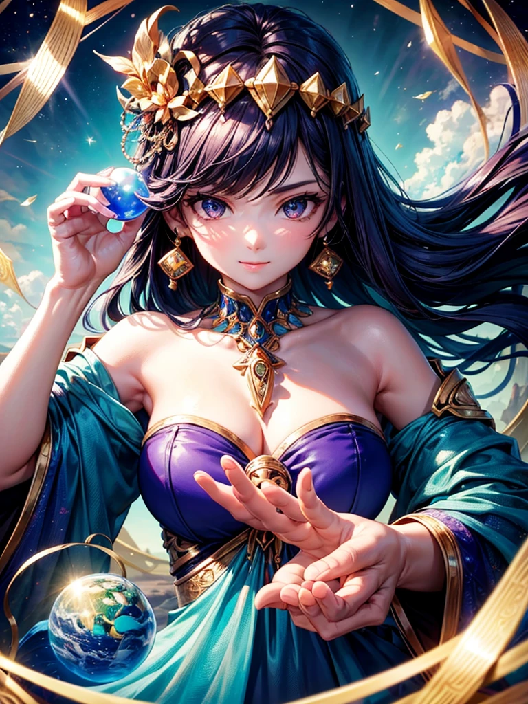 Highest quality,Highest Resolution,４K quality,A female fortune teller holds her hand over a crystal ball on which the Earth is projected,up,