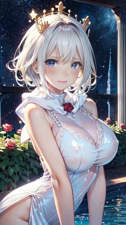 the same,
Depicts only one woman,
Golden Hair,Wet hair texture,Water dripping from hair,
(Short Hair.05),Ashime,straight,
((Black Rose))Hair Accessories,Purple Necklace,
Natural skin texture,Big boobs,Narrow waist,Bring both arms together,
((((White one piece dress)))),
White scarf,
(((White transparent jacket))),
Golden crown,
Neuschwanstein Castle,Garden of Roses,stand up,
11:30 PM,wood々,darkness,Starry Sky,moonlight,constellation,shooting star,
Slightly larger breasts,expression(anger),Hall々and attitude,White teeth,Closed Mouth,Narrow your eyes halfway,
blush,from the front,Sexy pose,upright posture,From the eyes(Tears)Dripping,
Natural depiction,
Beautiful depiction,
Shiny eyes,
Healthy Body,
Natural hairstyle,
Natural body contours,
Natural facial contours,
(Five fingers)A clear depiction of,Symmetrical fingers,
Two arms,Two legs,
Sharp eyelid depiction,
Symmetrical eyes,Symmetrical eyes,
Keep the subject in the center,Expand the upper body,
Beautiful image quality,
Delicate shades,
4K,Very detailed,
Delicate light adjustment,
Delicate contour drawing,