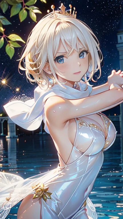 the same,
Depicts only one woman,
Golden Hair,Wet hair texture,Water dripping from hair,
(Short Hair.05),Ashime,straight,
((Black Rose))Hair Accessories,Purple Necklace,
Natural skin texture,Big boobs,Narrow waist,Bring both arms together,
((((White one piece dress)))),
White scarf,
(((White transparent jacket))),
Golden crown,
Neuschwanstein Castle,Garden of Roses,stand up,
11:30 PM,wood々,darkness,Starry Sky,moonlight,constellation,shooting star,
Slightly larger breasts,expression(anger),Hall々and attitude,White teeth,Closed Mouth,Narrow your eyes halfway,
blush,from the front,Sexy pose,upright posture,From the eyes(Tears)Dripping,
Natural depiction,
Beautiful depiction,
Shiny eyes,
Healthy Body,
Natural hairstyle,
Natural body contours,
Natural facial contours,
(Five fingers)A clear depiction of,Symmetrical fingers,
Two arms,Two legs,
Sharp eyelid depiction,
Symmetrical eyes,Symmetrical eyes,
Keep the subject in the center,Expand the upper body,
Beautiful image quality,
Delicate shades,
4K,Very detailed,
Delicate light adjustment,
Delicate contour drawing,