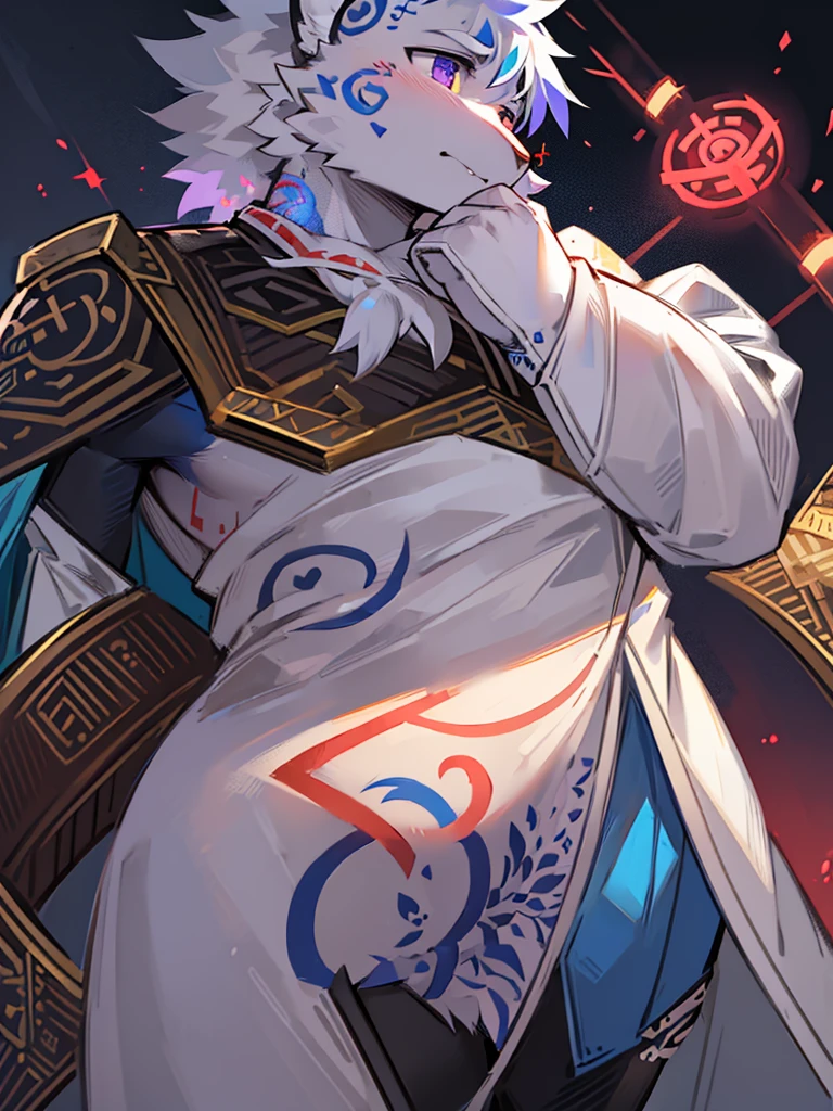 An anthropomorphic cat of (((white coat))) and has striking brown spots on his cheeks and a (((rune-shaped tatoo))) of bluish color on his left cheek. He wears a white (((Japanese kimono))) adorned with magical runes. In some parts your kimono mixes with parts of (((heavy armor))). His hands have red spots in his fingers, looking like he was put his hands in blood. He has a purple magic pouche with blue runes.