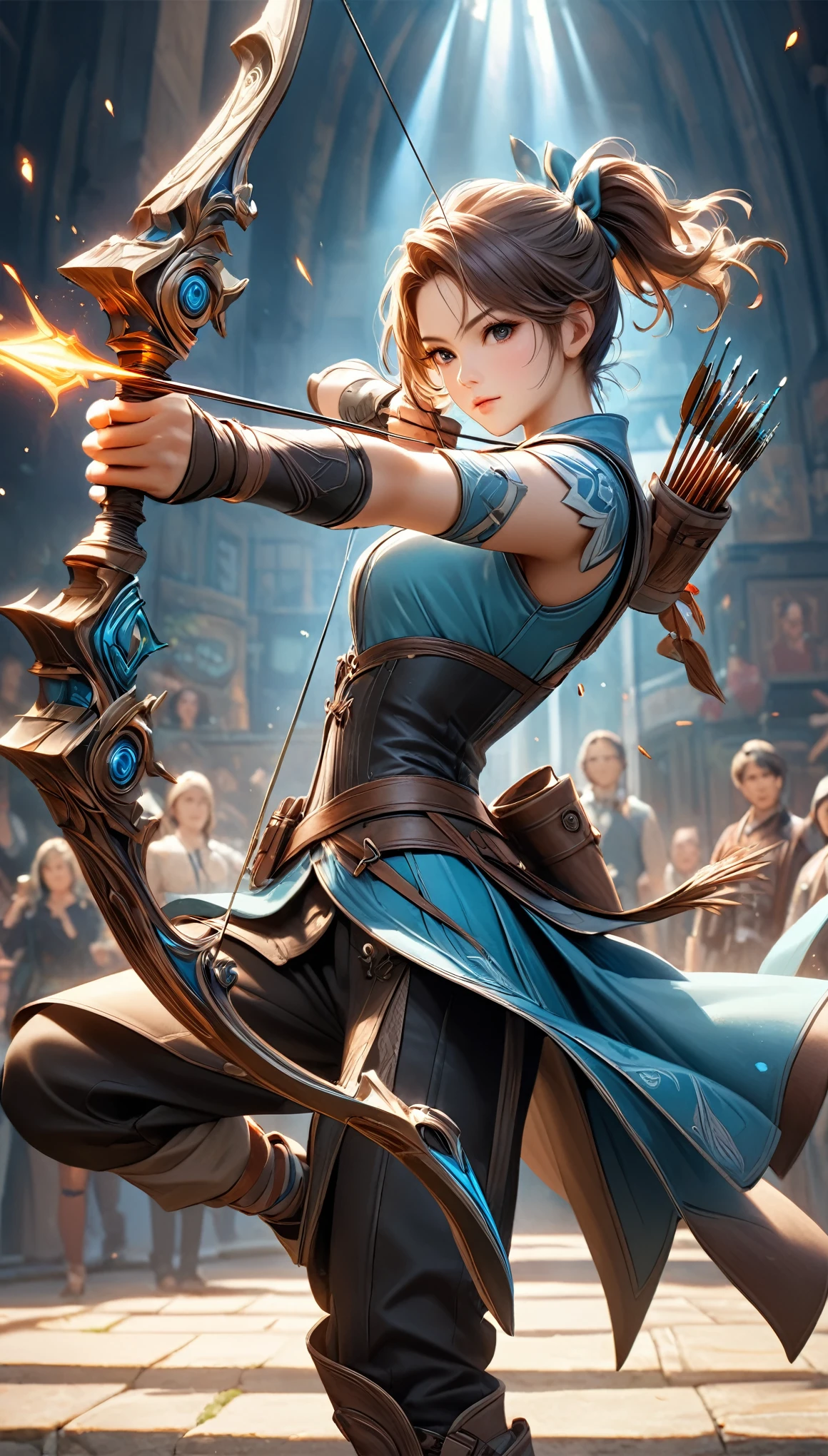 Fusing various styles to create a new style,
Combining various techniques to create delicate and bold compositions,
An attractive archer, Shoot something unexpected with your bow, Shoot it at the audience,
dynamic shot, ankle in the frame,
Detailed and realistic texture, Professional artwork, Fine spray work, Powder coating for a three-dimensional look,