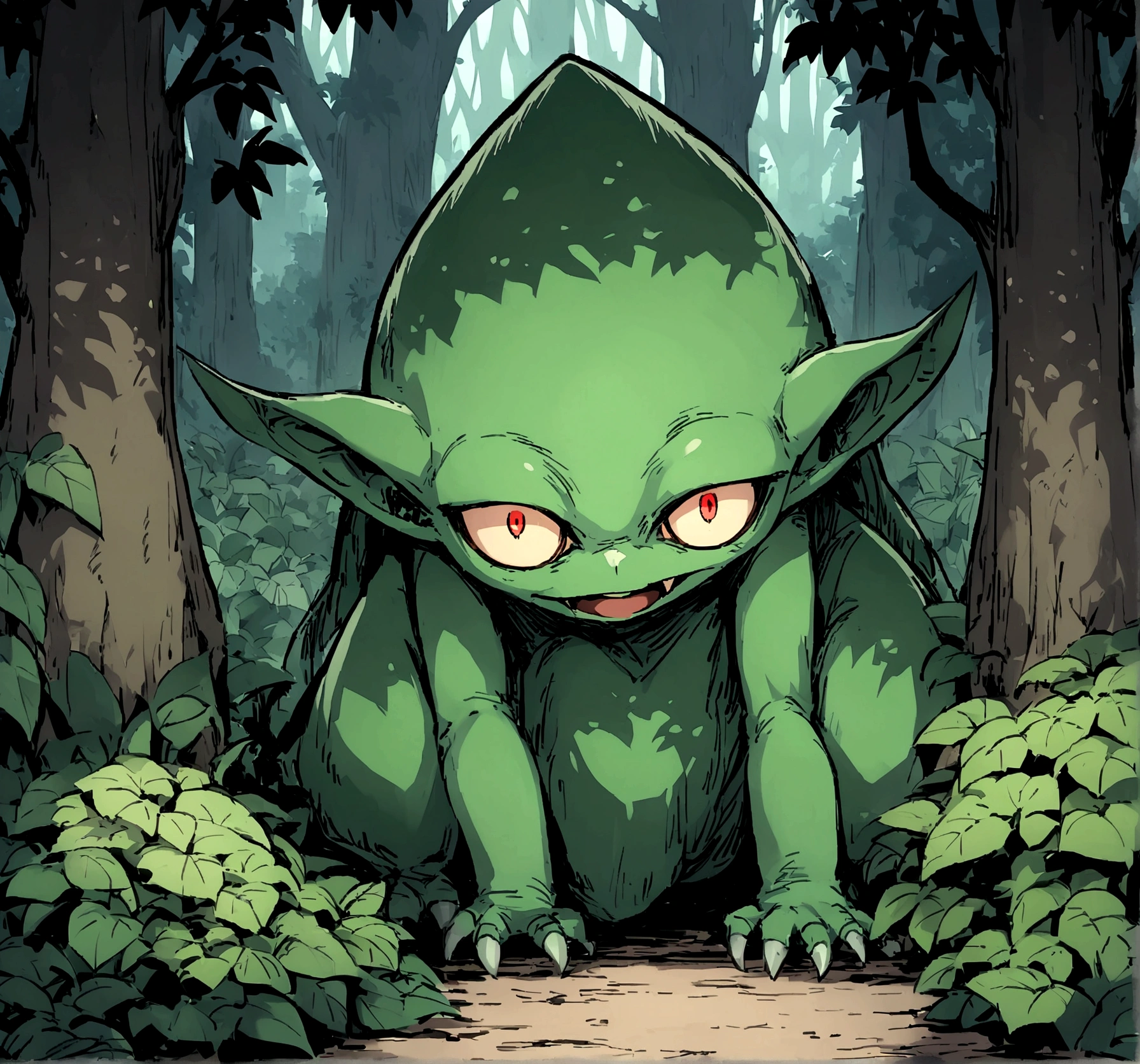 fantasy anime forest with trees and widelife all around in the front is flat ground dirt but hidden in the trees and bushes are small scary looking goblins staringing at you