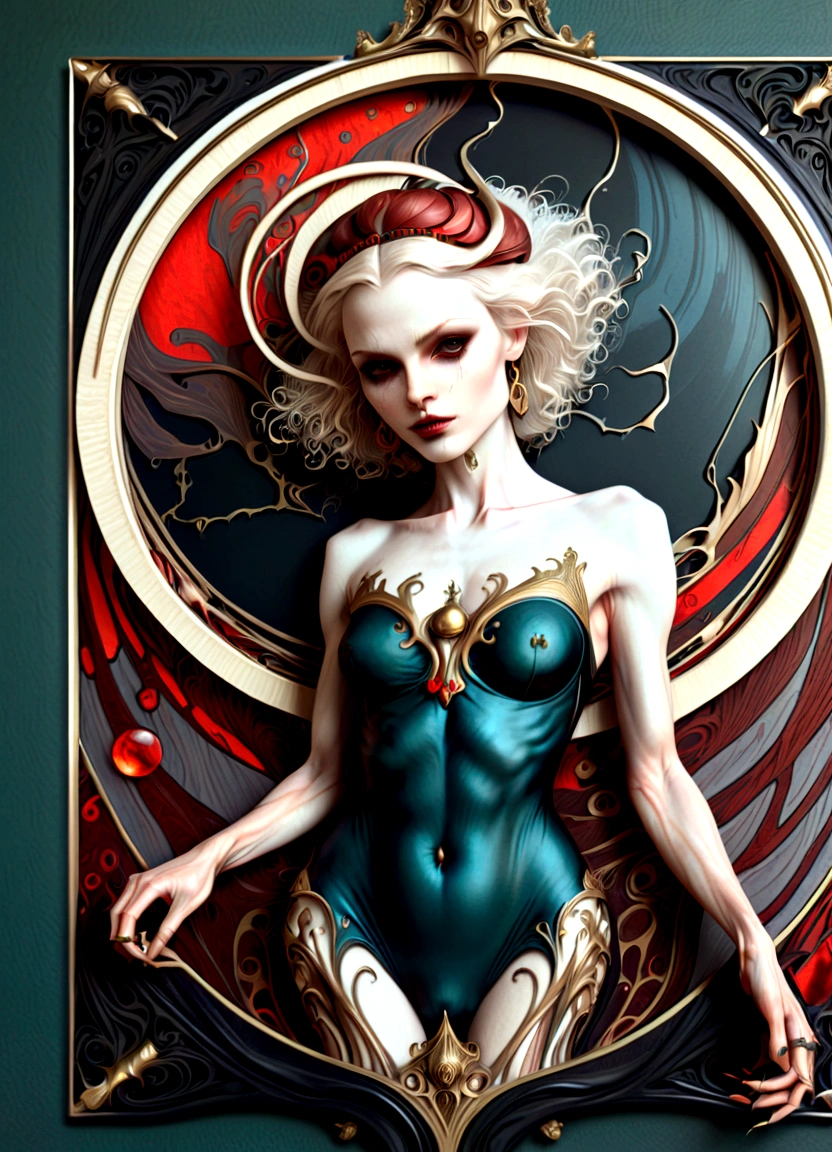 a beautiful illustration of a very muscular vampire girl in an abstract marble texture with a tarot style frame, with colors of obsidian black, shiny gold, and ruby red, highly detailed, intricate design, BY Anne Bachelier,