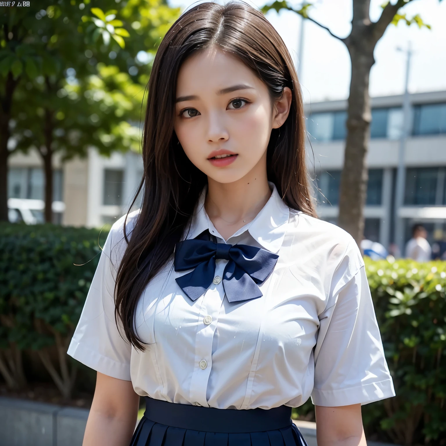 (high quality), (Realistic photos)、1 Japanese male、1 high school girl、No audience、((Rainfall:1.5))、((Rain-soaked hair:1.4))、((A confused high school girl and a Japanese man trying to talk to her:1.4)) 、((A long-haired high school girl wearing a Japanese uniform:1.4))、((Photographed from the front:1.4))、((A high school girl wearing a dark blue bow tie:1.4))、blush、Cleft lip、Looking at the audience、Semi Body Shot、(National High School Designated Shoes)、(High school girl in a navy blue short pleated skirt:1.5)、(学生用半袖whiteシャツの女子高校生)、 (High school girl wearing a dark blue bow tie:1.2)、(((High School Girl Uniform 1.4)))、(((White short sleeve low cut button front shirt、Dark blue ribbon:1.5)))、((whiteのシャツ:1.4))、((Ultra micro mini dark blue pleated skirt)) 、((whiteTJapanese man wearing a shirt and denim pants:1.4))、((in a natural park:1.4))、Daytime、((A high school girl glares at a Japanese man:1.7))、((A high school girl wearing a navy blue pleated skirt:1.4))、((Medium-sized high school girl:1.4))、((A high school girl with a confused expression:1.4))、