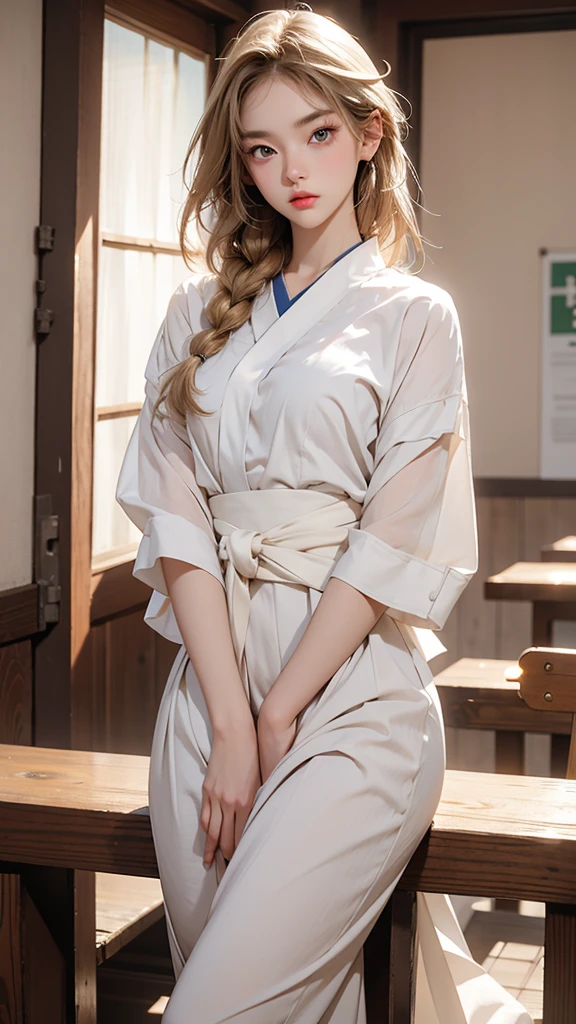 There is a stunning beauty. She is a half-French, half-Japanese woman of unparalleled beauty. Her face is incredibly beautiful, with striking blue eyes and gorgeous long, straight, blonde hair. Her facial expression is extremely angry, with furrowed brows and puffed cheeks. She is dressed in a Japanese high , a sailor suit, with a white blouse as the top. The composition should only depict her from the chest up, not including anything from the waist down. She is facing straight ahead, crossing her arms in anger, appearing to be complaining towards us. The story is that she is in the middle of a verbal argument and she has a bad personality. The background is a school classroom. Please depict this.