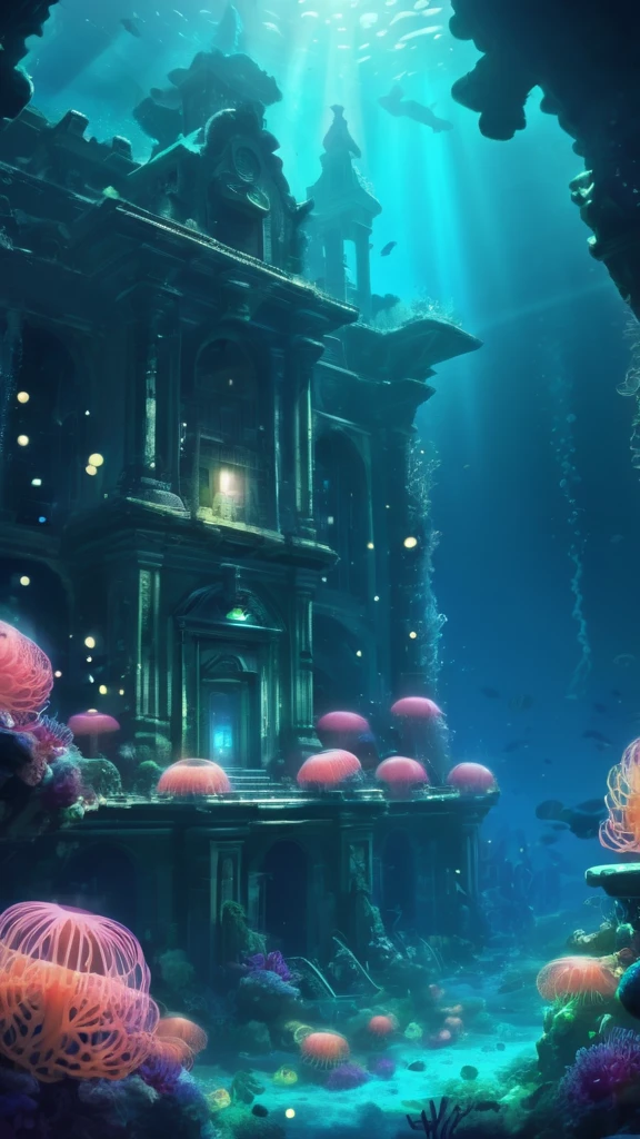Concept art: A hauntingly beautiful image of an underwater city, Abandoned building covered in luminous coral and sea anemones. The soft glow、It contrasts sharply with the looming darkness of the deep sea.。. . Digital Art, Descriptive, Picturesque, Matte Paint, Very detailed