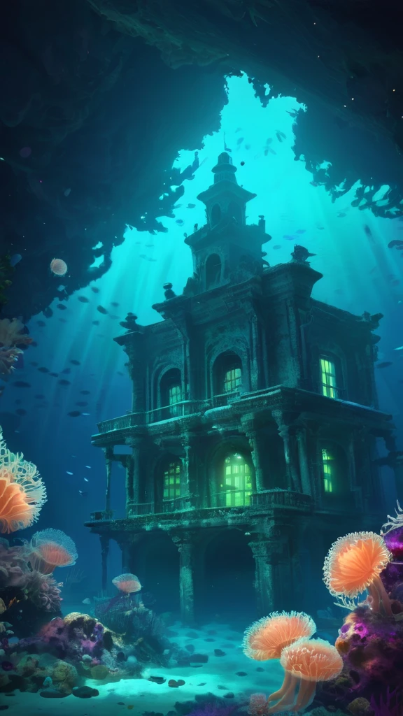 Concept art: A hauntingly beautiful image of an underwater city, Abandoned building covered in luminous coral and sea anemones. The soft glow、It contrasts sharply with the looming darkness of the deep sea.。. . Digital Art, Descriptive, Picturesque, Matte Paint, Very detailed
