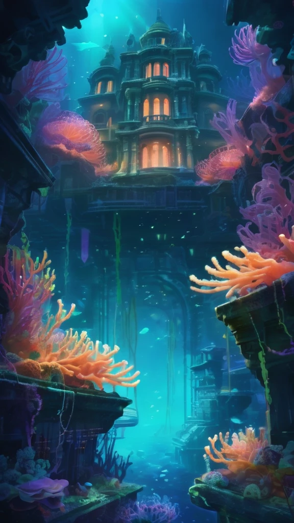 Concept art: A hauntingly beautiful image of an underwater city, Abandoned building covered in luminous coral and sea anemones. The soft glow、It contrasts sharply with the looming darkness of the deep sea.。. . Digital Art, Descriptive, Picturesque, Matte Paint, Very detailed