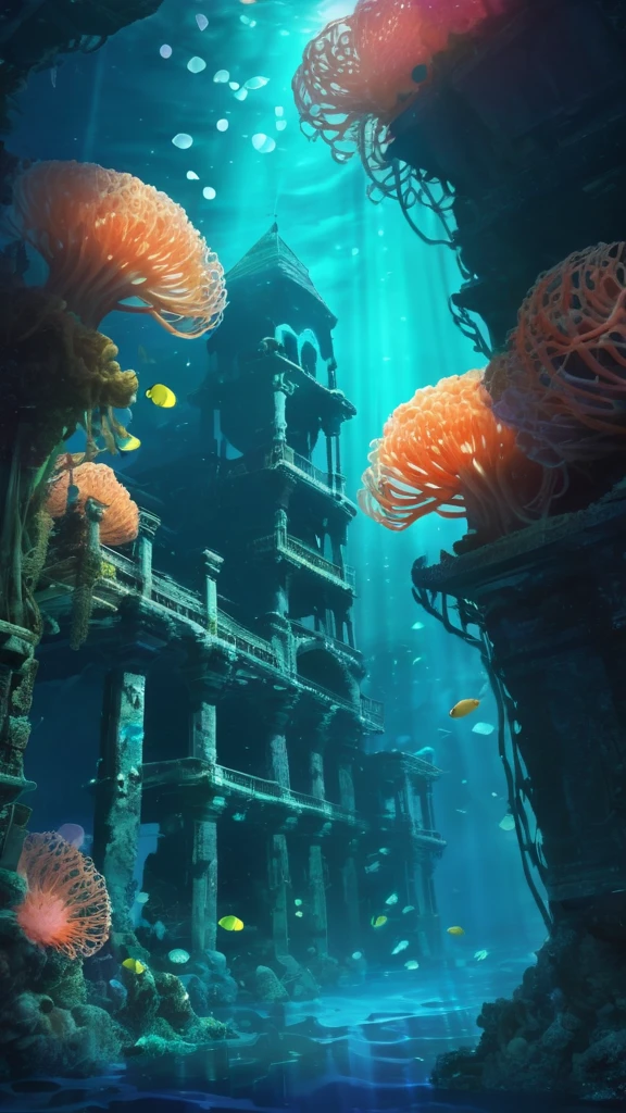 Concept art: A hauntingly beautiful image of an underwater city, Abandoned building covered in luminous coral and sea anemones. The soft glow、It contrasts sharply with the looming darkness of the deep sea.。. . Digital Art, Descriptive, Picturesque, Matte Paint, Very detailed