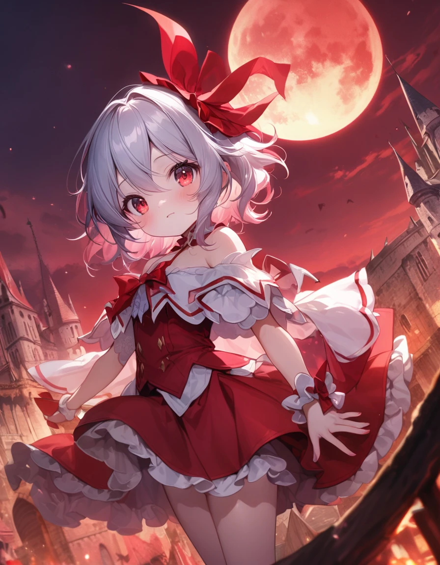 (Remilia Scarlet), loli, skirm, growing red eyes, red full moon, blight red sky, dynamic angle, a castle in background, 8k wallpaper, glowify, more_details:1
