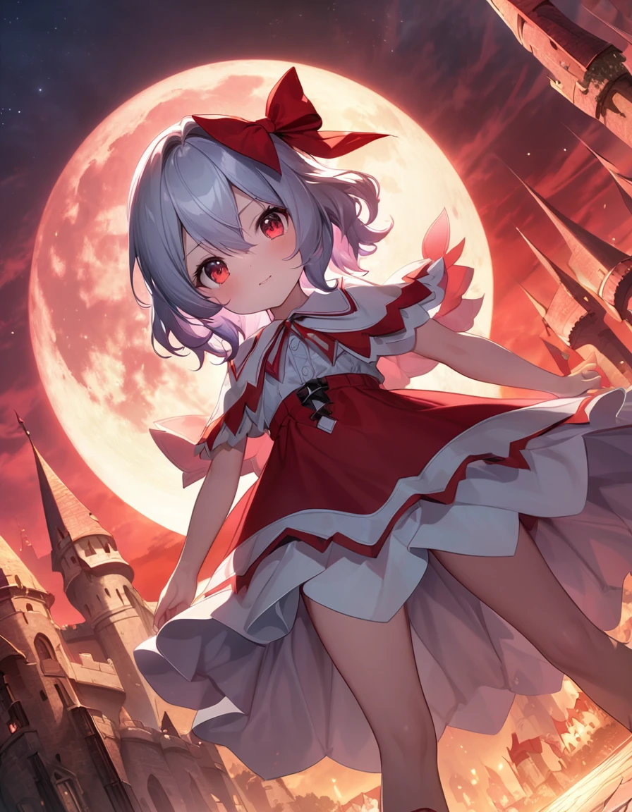 (Remilia Scarlet), li, skirm, growing red eyes, red full moon, blight red sky, dynamic angle, a castle in background, 8k wallpaper, glowify, more_details:1