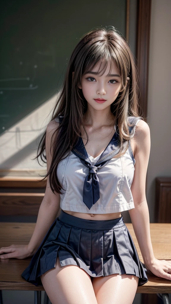 Realistic:1.3, Tabletop, (Highest quality, 8K, masterpiece:1.2, RAW Photos), ((1 beautiful girl, )), Japanese, high school girl, smile, Slim Abs, Medium breast, ((Wearing the school-issued sailor uniform, mini skirt)), Button unbuttoned, Cleavage, Sitting on a chair in a classroom at school, Spread your legs, Beautiful long legs, (whole body), Beautiful Face, Beautiful Eyes, Hair swept down the back to show shoulders, ((Detailed face, Fine grain, Professional photography techniques)), (Perfect Anatomy:1.3)