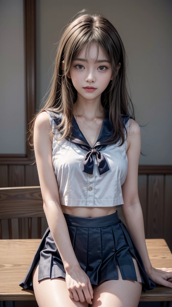 Realistic:1.3, Tabletop, (Highest quality, 8K, masterpiece:1.2, RAW Photos), ((1 beautiful girl, )), Japanese, high school girl, smile, Slim Abs, Medium breast, ((Wearing the school-issued sailor uniform, mini skirt)), Button unbuttoned, Cleavage, Sitting on a chair in a classroom at school, Spread your legs, Beautiful long legs, (whole body), Beautiful Face, Beautiful Eyes, Hair swept down the back to show shoulders, ((Detailed face, Fine grain, Professional photography techniques)), (Perfect Anatomy:1.3)