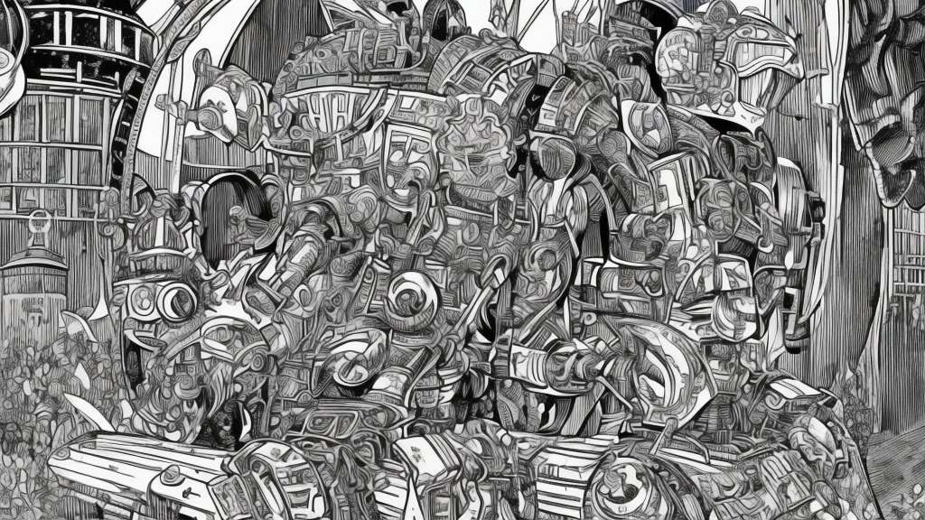 Detailed pen and ink illustration of a cyborg samurai robot , head only , detailed anthropology , by herge , in tin-can comic book style , detailded , high qualiy
