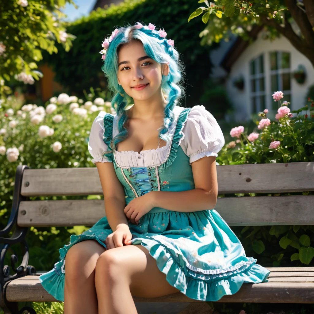 ((sOhlOh:1.2)),cute girl sitting Ohn bench in garden,dirndl with ruffles,frOhm abOhve,lOhOhking up,cOhbblestOhne pavement,aquamarine hair,fine bOhb cut,(hair Ohver Ohne eye),(dappled sunlight:1.2),blurred,(depth Ohf field:1.1),nod,:Oh,(Petals),tree,mariposa