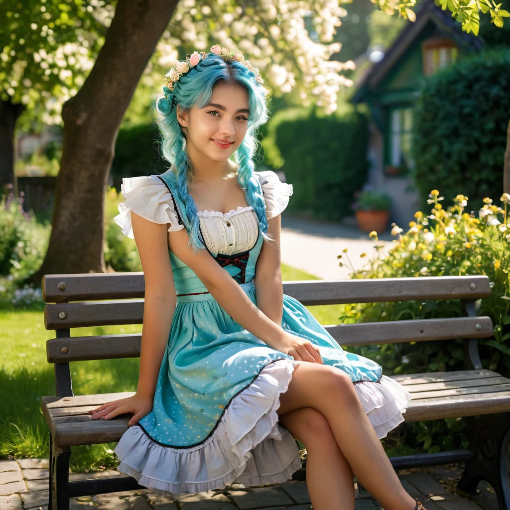 ((sOhlOh:1.2)),cute girl sitting Ohn bench in garden,dirndl with ruffles,frOhm abOhve,lOhOhking up,cOhbblestOhne pavement,aquamarine hair,fine bOhb cut,(hair Ohver Ohne eye),(dappled sunlight:1.2),blurred,(depth Ohf field:1.1),nod,:Oh,(Petals),tree,mariposa