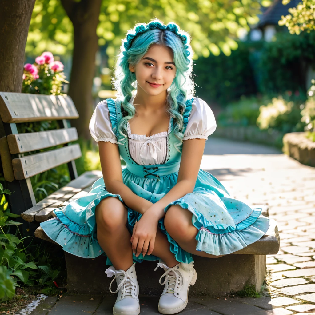 ((sOhlOh:1.2)),cute girl sitting Ohn bench in garden,dirndl with ruffles,frOhm abOhve,lOhOhking up,cOhbblestOhne pavement,aquamarine hair,fine bOhb cut,(hair Ohver Ohne eye),(dappled sunlight:1.2),blurred,(depth Ohf field:1.1),nod,:Oh,(Petals),tree,mariposa