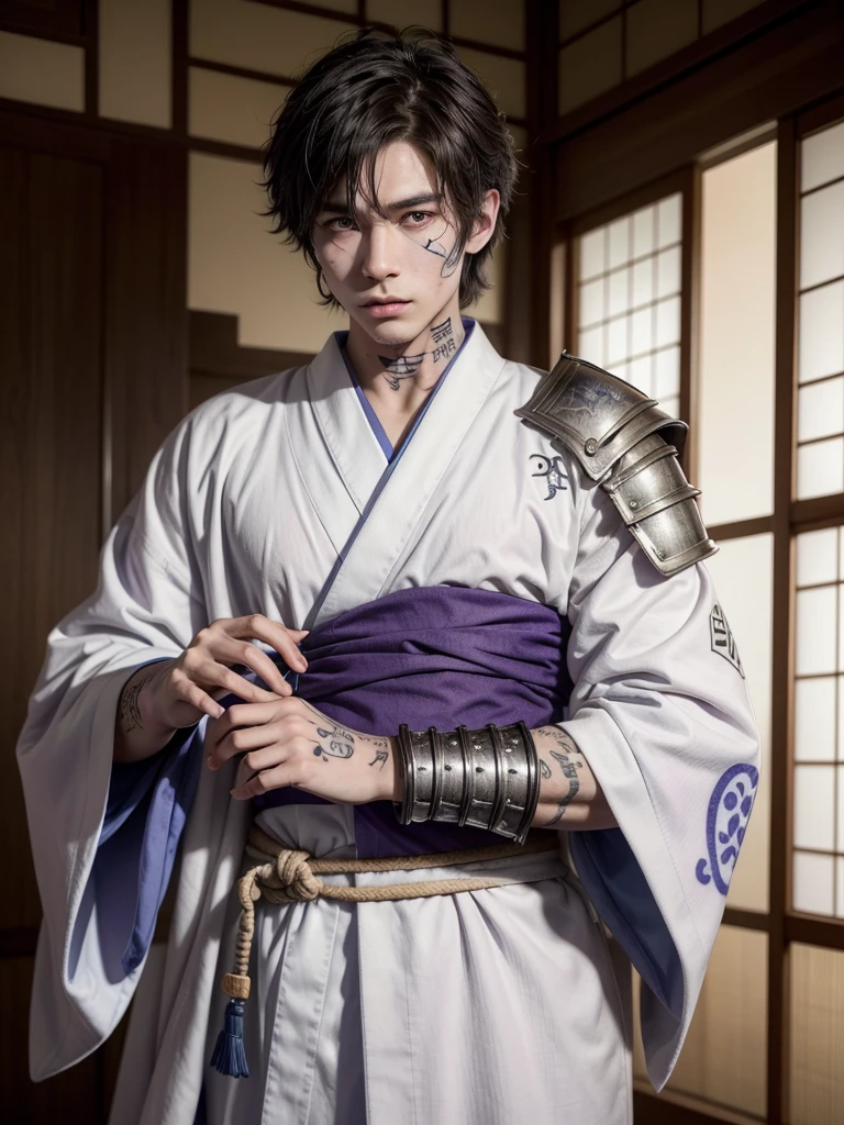 An anthropomorphic cat of (((white coat))) and has striking brown spots on his cheeks and a (((rune-shaped tatoo))) of bluish color on his left cheek. He wears a white (((Japanese kimono))) adorned with magical runes. In some parts your kimono mixes with parts of (((heavy armor))). His hands have red spots in his fingers, looking like he was put his hands in blood. He has a purple magic pouche with blue runes.