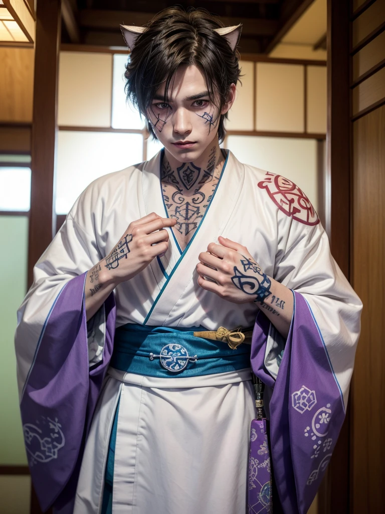 An anthropomorphic cat of (((white coat))) and has striking brown spots on his cheeks and a (((rune-shaped tatoo))) of bluish color on his left cheek. He wears a white (((Japanese kimono))) adorned with magical runes. In some parts your kimono mixes with parts of (((heavy armor))). His hands have red spots in his fingers, looking like he was put his hands in blood. He has a purple magic pouche with blue runes.