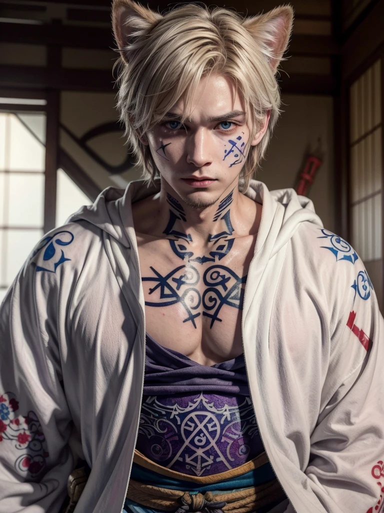An anthropomorphic cat of (((white coat))) and has striking brown spots on his cheeks and a (((rune-shaped tatoo))) of bluish color on his left cheek. He wears a white (((Japanese kimono))) adorned with magical runes. In some parts your kimono mixes with parts of (((heavy armor))). His hands have red spots in his fingers, looking like he was put his hands in blood. He has a purple magic pouche with blue runes.