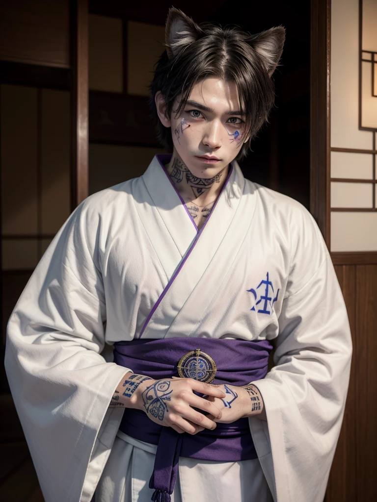 An anthropomorphic cat of (((white coat))) and has striking brown spots on his cheeks and a (((rune-shaped tatoo))) of bluish color on his left cheek. He wears a white (((Japanese kimono))) adorned with magical runes. In some parts your kimono mixes with parts of (((heavy armor))). His hands have red spots in his fingers, looking like he was put his hands in blood. He has a purple magic pouche with blue runes.