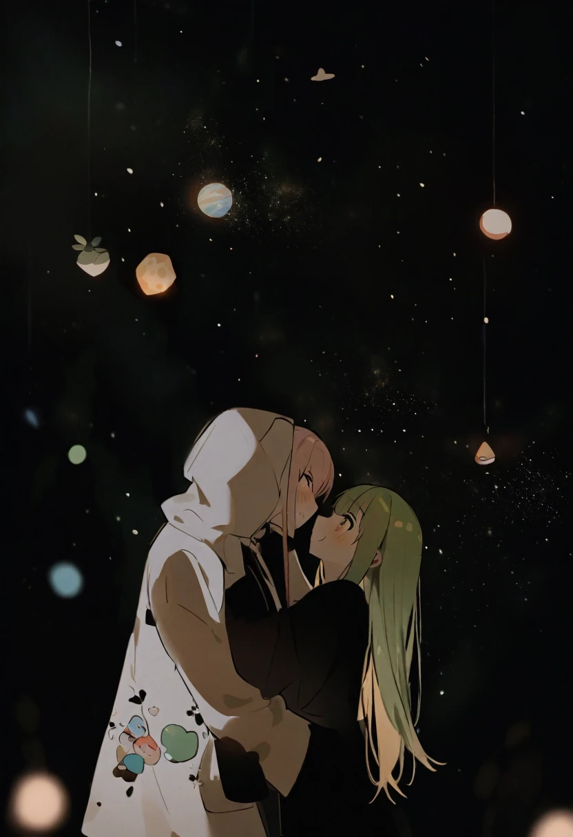 they are поцелуи in front of a galaxy ночью, поцелуи together cutely, couple поцелуи, They are in love, taken at night, Space in the background, boy and girl