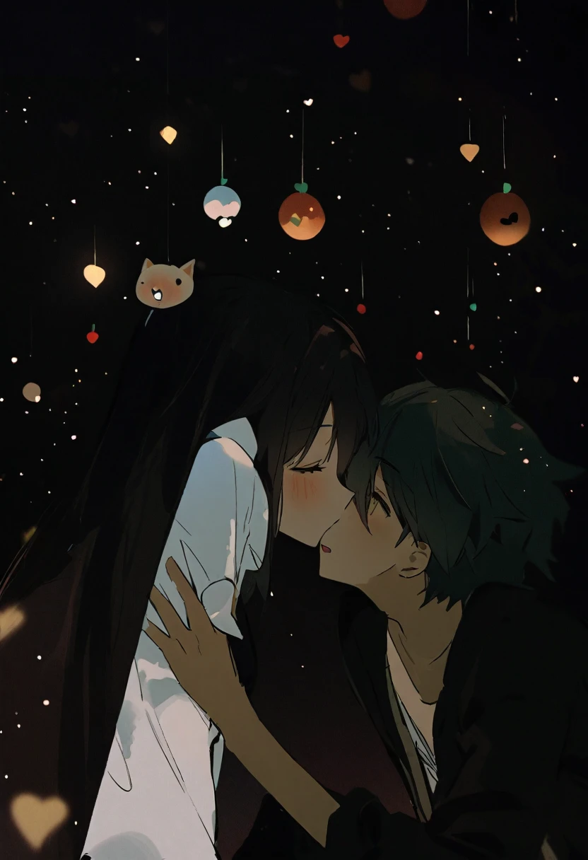 they are поцелуи in front of a galaxy ночью, поцелуи together cutely, couple поцелуи, They are in love, taken at night, Space in the background, boy and girl