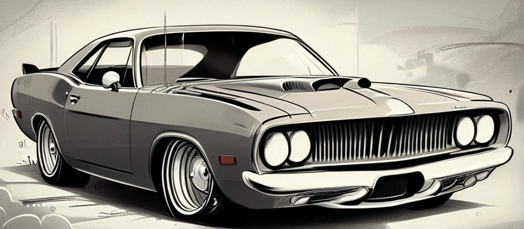 
Dark grey colored  Plymouth hemi cuda, 2 door, pop art, cartoonish style , sketch, detailed illustration, large black wheels, wide bodykit, masterpiece, highly detailed ((([simple light grey background])))