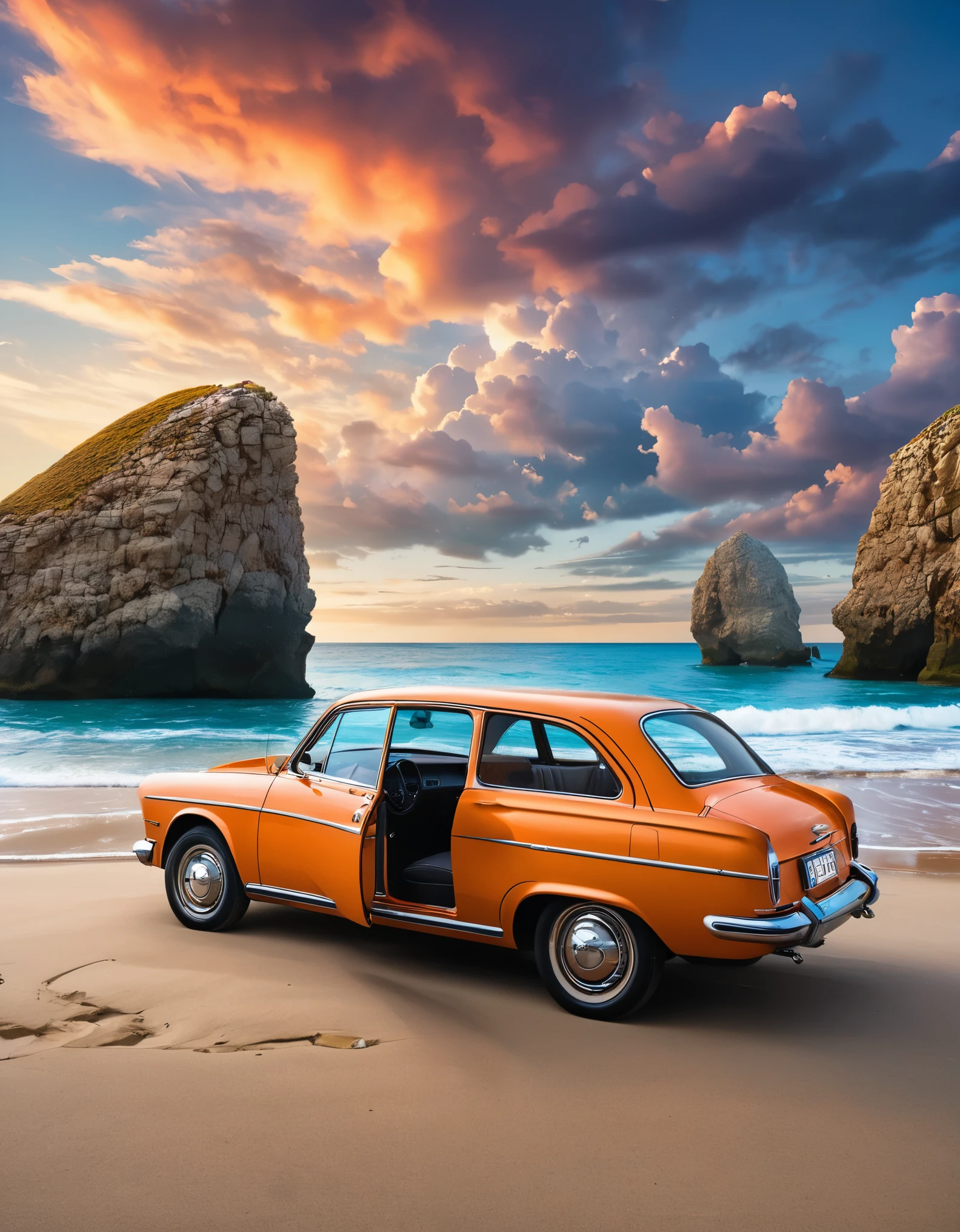 A car with its doors open, parked on a beach with surreal elements like floating rocks and an unusual sky. The scene captures a dreamlike atmosphere.