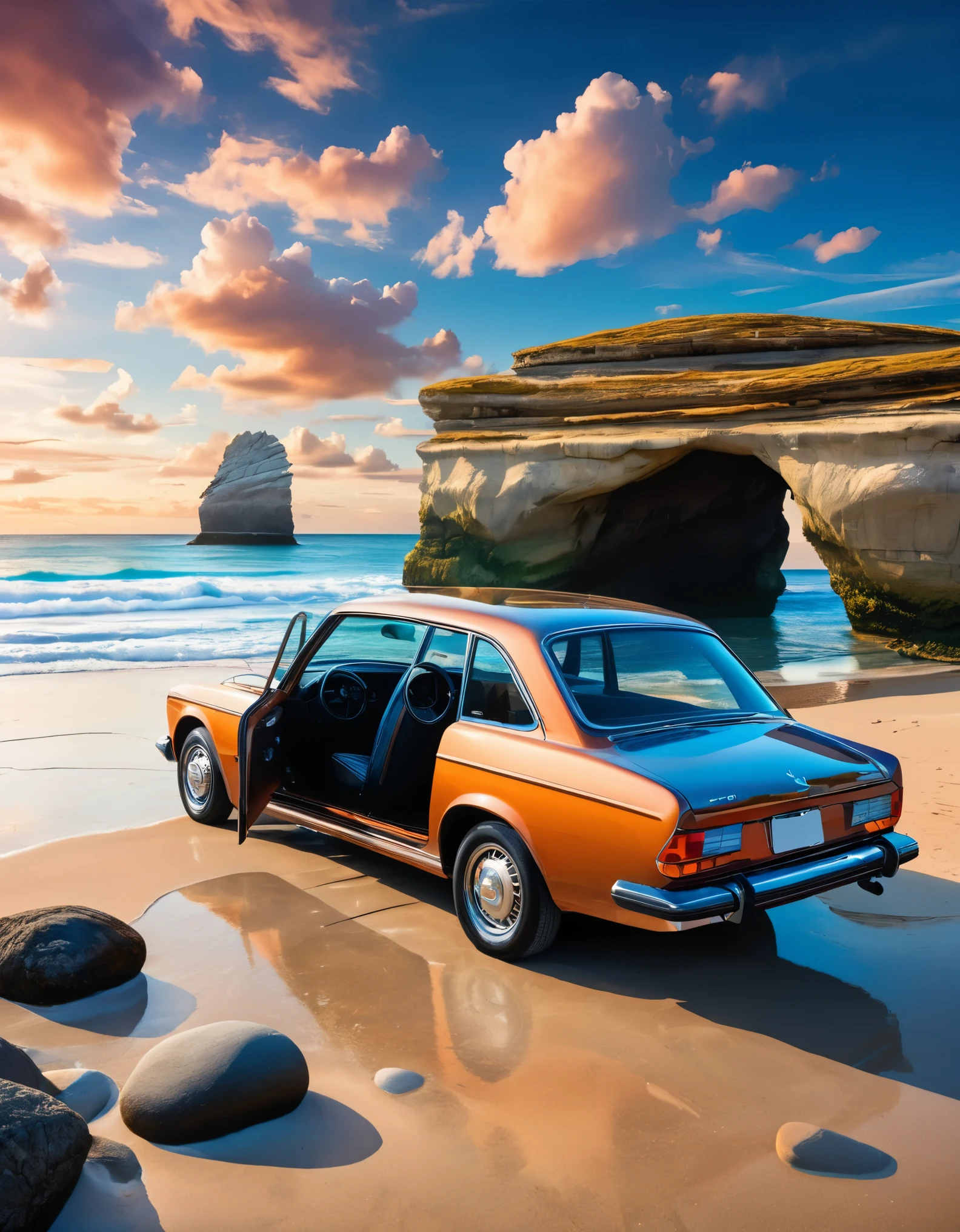 A car with its doors open, parked on a beach with surreal elements like floating rocks and an unusual sky. The scene captures a dreamlike atmosphere.