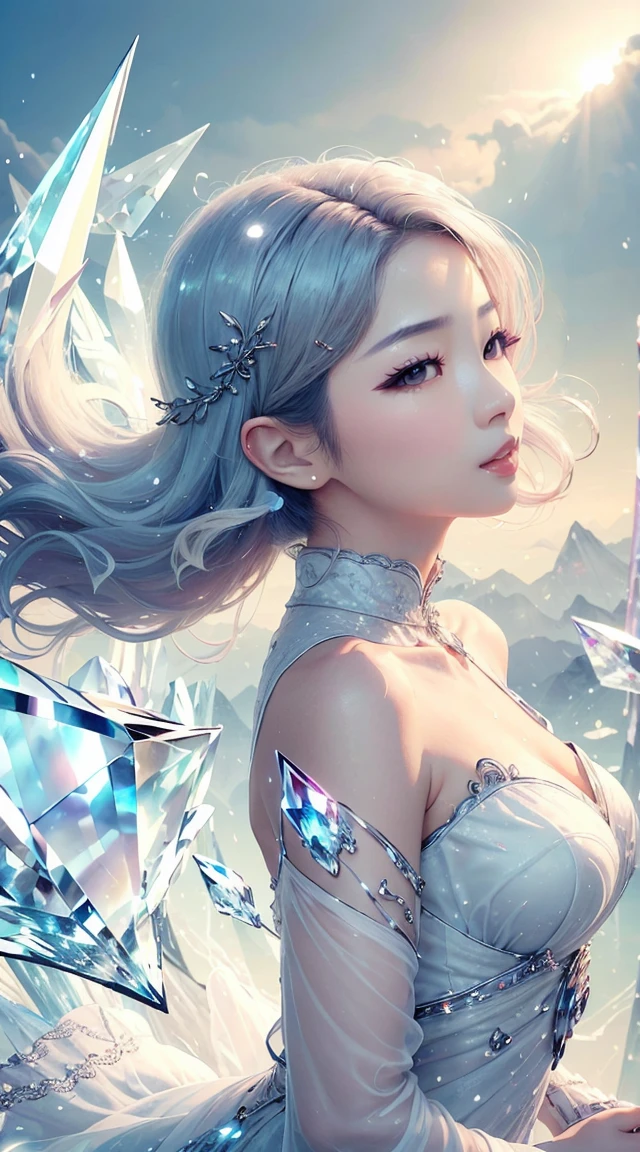 (Masterpiece, Top Quality, Best, Official Art, Beautiful and Aesthetic, Long Exposure: 1.2), Smooth Movement, Charming Patterns, 1 Girl, (Long Dress with Sleeves: 1.3), (((White Clothes) )), upper body close-up, bare shoulders, Chinese girl, blush, black lob hair, portrait, solo, upper body, looking at the observer, detailed background, detailed face, (crystallineAI, crystalline theme:1.1), elemental wind elves, rotation Wind, control the wind, white crystal clothing, dynamic pose, floating particles, ethereal dynamics, whirlwind, vapor, whirlwind in the background, white tone, whirlwind, ethereal atmosphere,