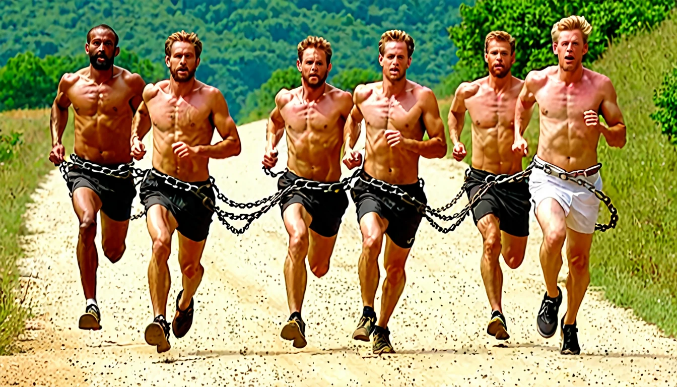 4 white men chained at the waist running (chains pass between men&#39;s waists, men behind with gray clothes, 1 man forward highlighted detailed, simple torn clothes and bare feet, the red background, with smoke and obstacles 