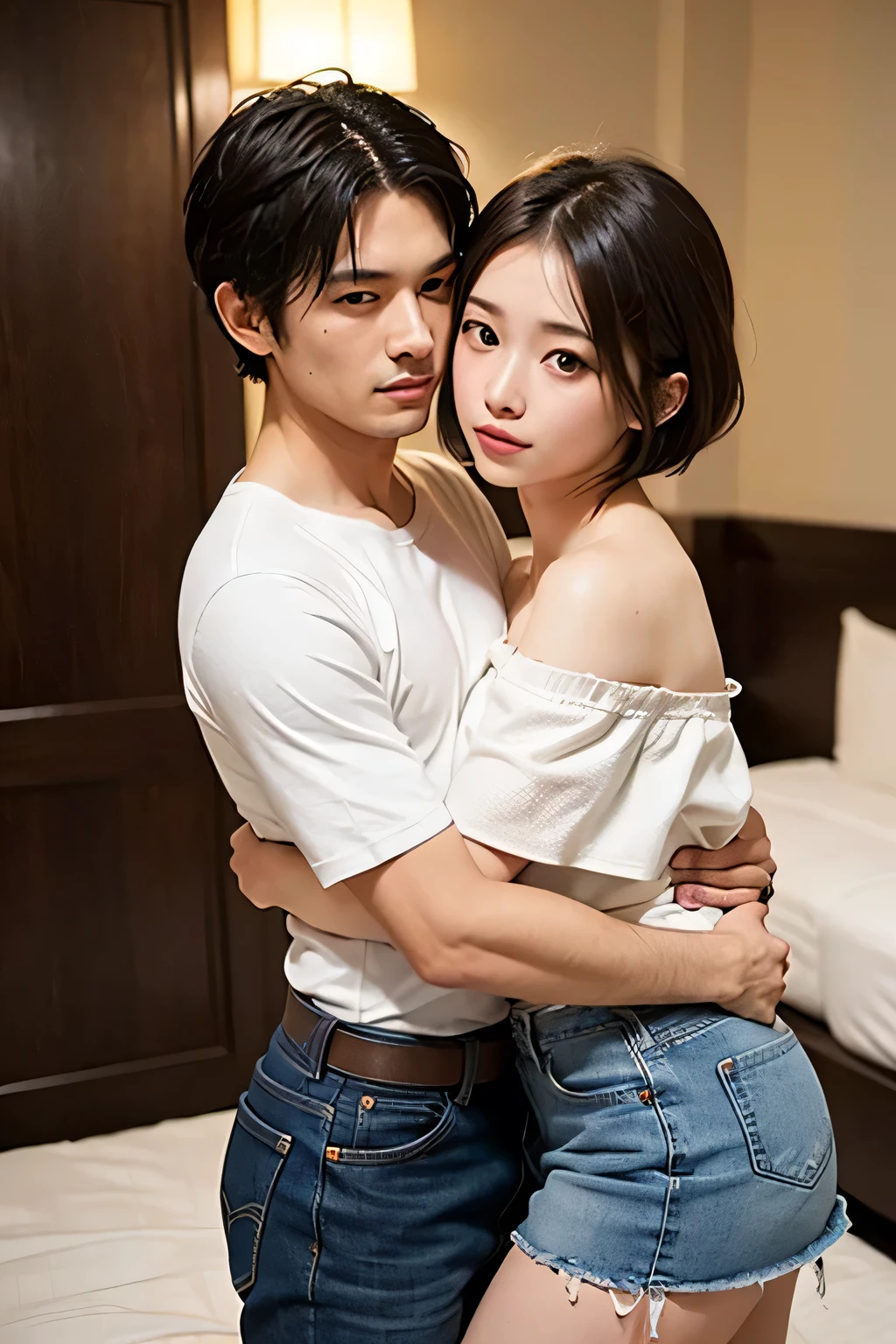 masterpiece，Highest quality，Advanced Details，1 male，1 female，((Hotel Bedroom:1.4))、((Japan woman with short cut hair:1.4))，((A woman wearing a white short-sleeved off-the-shoulder cotton shirt and a denim miniskirt:1.4))，Japanese middle-aged 1 male，Black Haired Man，A man in a white dress shirt is very handsome，((Man hugging woman&#39;head:1.4))，The Woman is short，The man is tall，Reflects the height difference between men and women，The Woman&#39;Height is 160cm.，The man is 175cm tall..，Man touching woman&#39;s head:1.7、((They are standing in an empty room:1.5))、Women play a leading role、Women are skinny，Small breasted women、