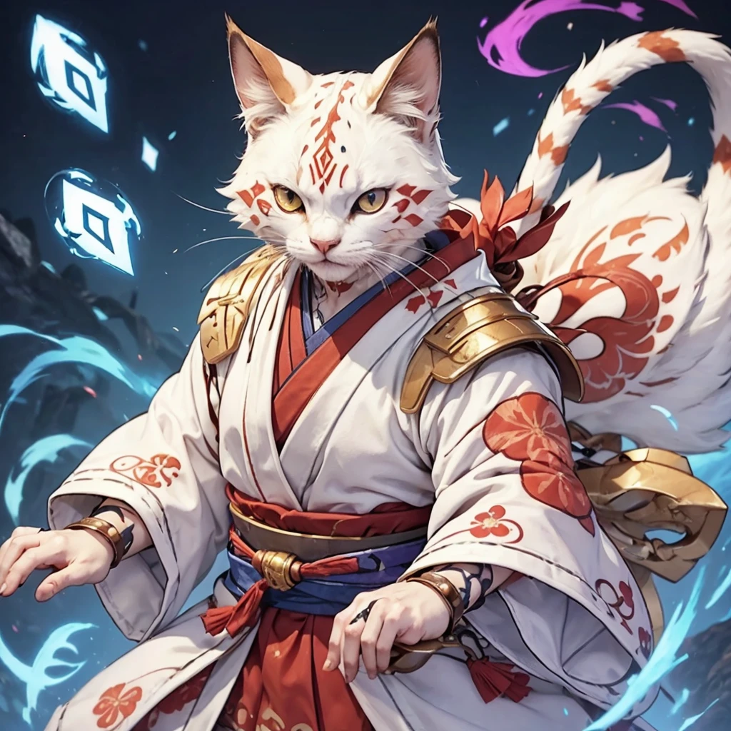 An anthropomorphic cat of (((white coat))) and has striking brown spots on his cheeks and a (((rune-shaped tatoo))) of bluish color on his left cheek. He wears a white (((Japanese kimono))) adorned with magical runes. In some parts your kimono mixes with parts of (((heavy armor))). His hands have red spots in his fingers, looking like he was put his hands in blood. He has a purple magic pouche with blue runes.