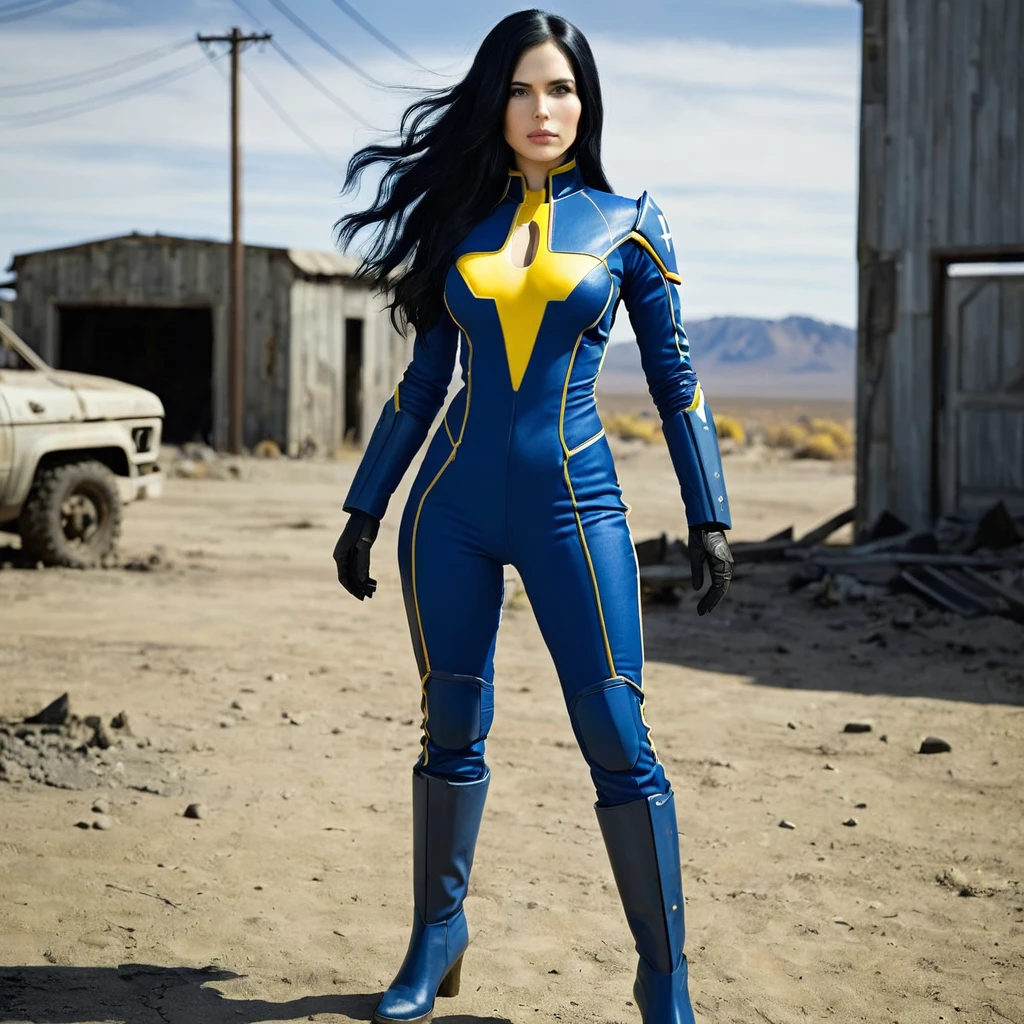 Lucy Maclean woman in the epic fallout universe long black hair suit full body blue and yellow white skin