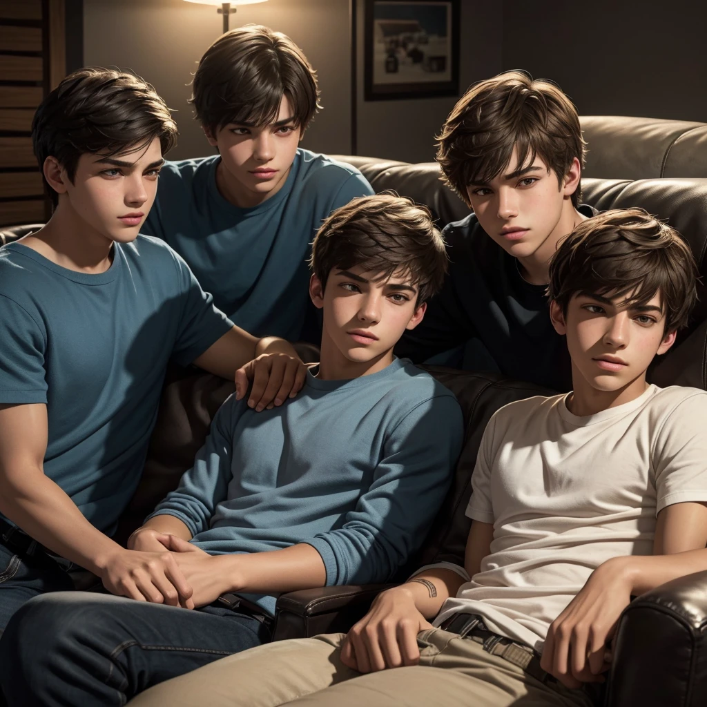 A group of 3 teenage boys relaxing on a couch, detailed facial features, realistic skin textures, warm lighting, cinematic composition, vibrant colors, dramatic lighting, high quality, 8k, photorealistic, detailed background, cozy interior, soft shadows, ambient occlusion, award winning photograph