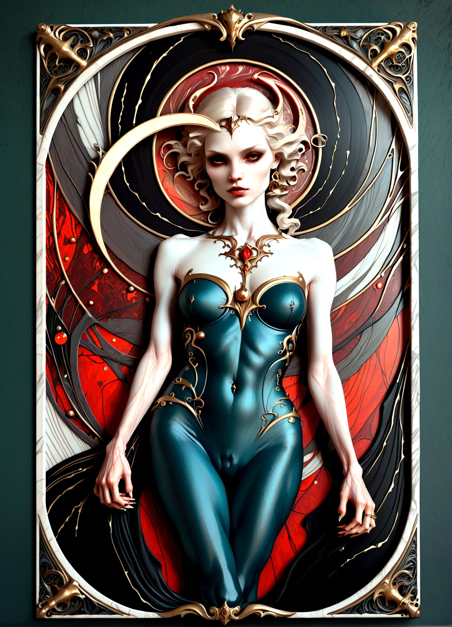  beautiful illustration of a very muscular vampire girl in an abstract marble texture with a tarot style frame, with colors of obsidian black, shiny gold, and ruby red, highly detailed, intricate design, BY Anne Bachelier,